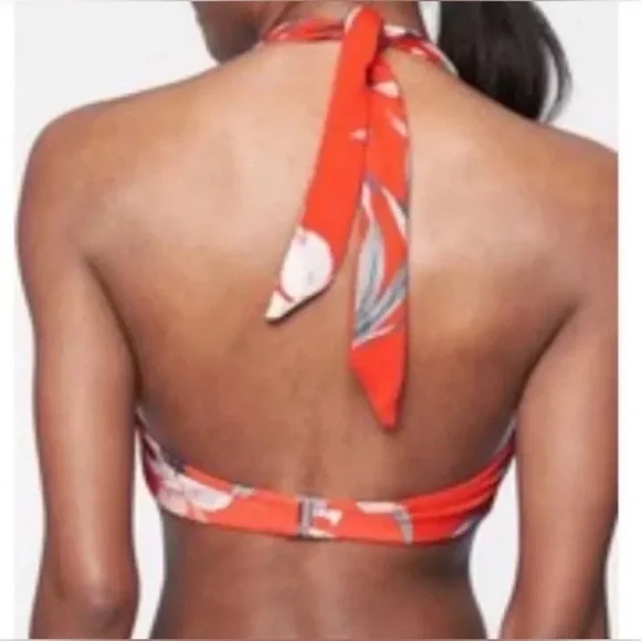 Athleta Orange Waimea Plunge Bikini Top Tie Neck Tropical Floral Print Large - Picture 2 of 6